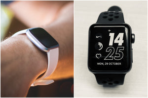 Two images side by side of a person wearing a pink Apple watch and another of a black Fitbit Versa 2.