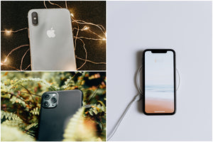 Compilation of three iPhones. The big picture is of an iPhone laying on a wireless charger.